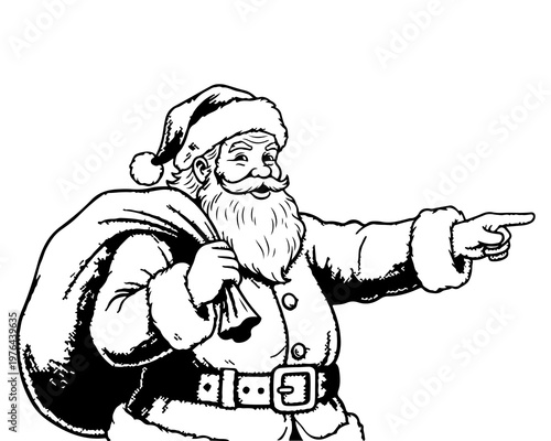 Santa's Direction: Santa Claus, a jovial figure with a large sack, points towards an unseen destination, possibly filled with holiday cheer.