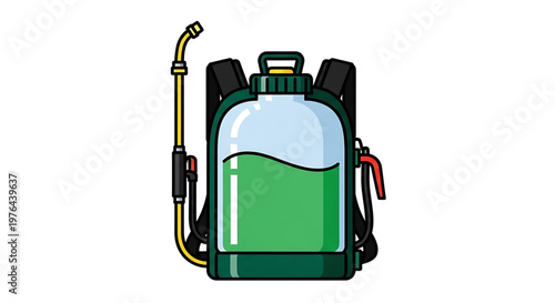 A vector graphic illustration of a green backpack sprayer with a yellow hose and black straps on a white background