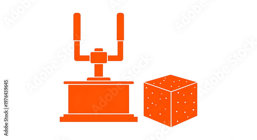 A vibrant orange robotic arm and cube illustration on a clean white background