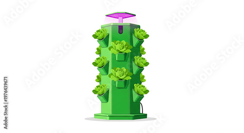 A vibrant green vertical garden with lettuce plants growing in a hydroponic system under a purple LED grow light