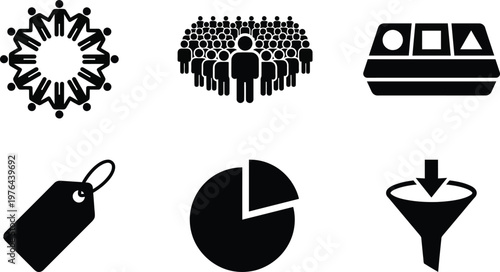 Vector silhouette set of audience bucket icons featuring group circle, highlighted person, sorting tray, tag, segment and filter
