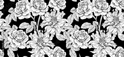 Seamless toile flower pattern in vector. Hand draw vintage floral pattern