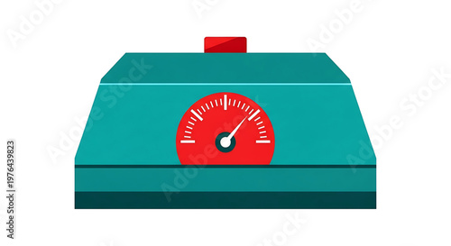 A vector graphic illustration of a teal scale with a red dial and knob on a white background