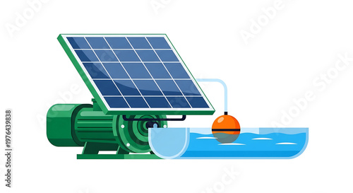 A vector graphic illustration of a solar powered water pump system with a green motor and blue solar panel