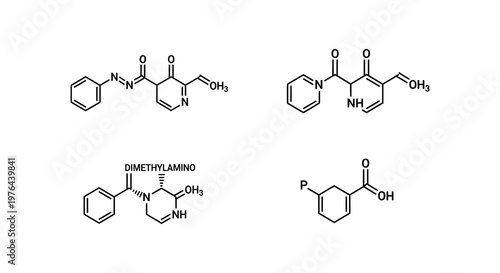 Chemical structures of organic compounds displayed against a white background silhouette