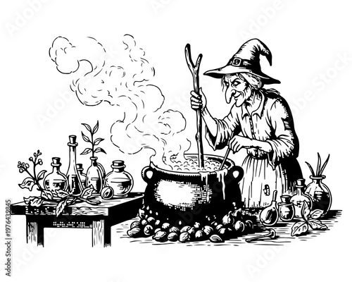Mystical Brew: An enchanting portrayal of a witch meticulously preparing a potion, stirring a bubbling cauldron, surrounded by an assortment of ingredients and a sense of magical atmosphere.