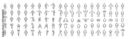 Male Figure Pose Reference Sheet Showing Multiple Angles and Dynamic Standing, Walking and Stretching Poses
