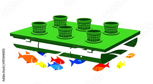 A vibrant green floating fish farm platform with colorful fish swimming underneath