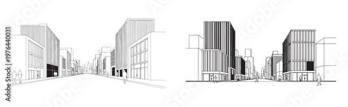 Urban City Street Perspective With Modern Architecture Line Drawing and Pedestrian Silhouettes