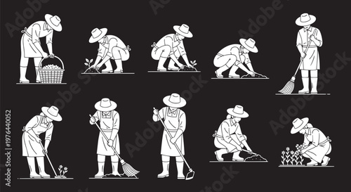 Gardening Gardener Planting Seeds Weeding Hoeing Raking and Tending Flowers – Line Art Illustrations