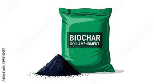 A green bag of biochar soil amendment with a pile of charcoal in front of it