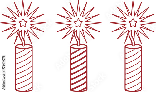 Red firecracker outline with starburst spark effects and diagonal striped bodies