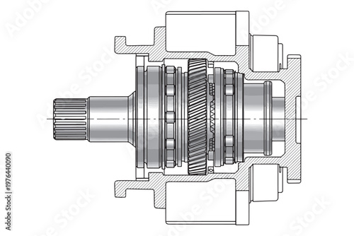 Detailed Technical Drawing Of Automotive Gearbox Cross-Section Showing Gears, Shafts And Bearings
