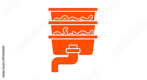 An orange vector graphic illustration of a compost bin with worms and a drainage pipe