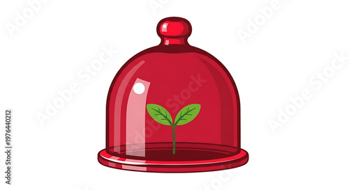 A red glass cloche covering a small green plant with two leaves