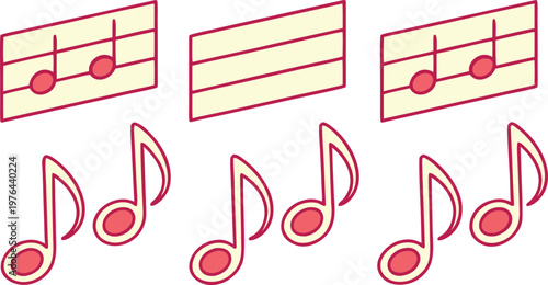 Red music notes and staffs on white background musical notes eighth notes music staff