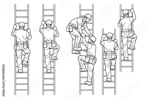 Construction Workers Climbing Ladders With Safety Helmets and Tool Belts Showing Teamwork
