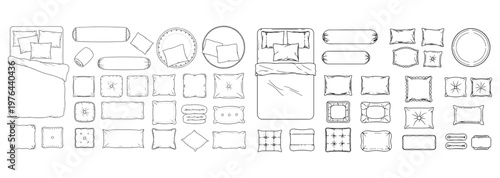 Top View Pillow and Bedding Sketch Collection — Bed, Cushions and Decorative Pillows Illustration Set