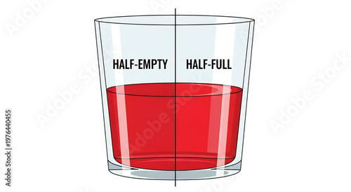 A vector graphic illustration of a glass divided into half-empty and half-full sections with red liquid