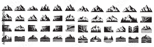 Mountain Landscape Logo and Icon Set — Vector Black Silhouette Badges With Peaks, Trees and Cliffs