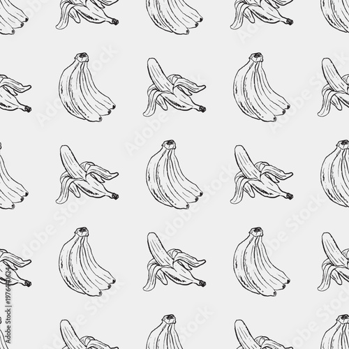 Seamless pattern with bananas, whole and peeled fruits. Tropical botanical repeat background for kitchen textiles or packaging. Hand drawn vector sketch illustration in vintage crayon charcoal style.