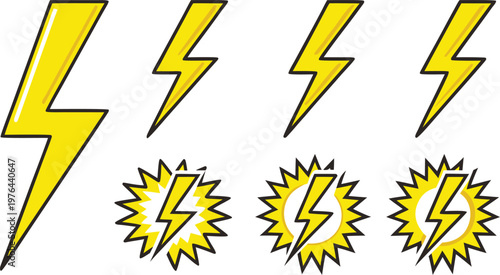 Yellow cartoon lightning bolts and shock on white background