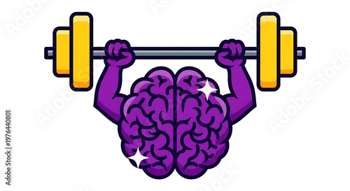 A cartoon illustration of a purple brain lifting a yellow barbell with two arms