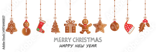 Festive hanging christmas icons and new year greetings