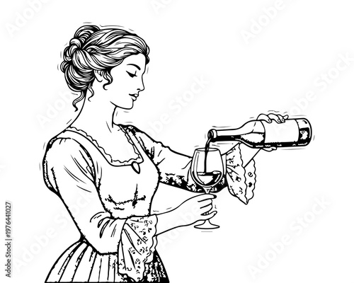 Wine Pouring: A refined woman pours rich wine into a crystal glass with elegance and sophistication, creating a moment of simple luxury and indulgence.