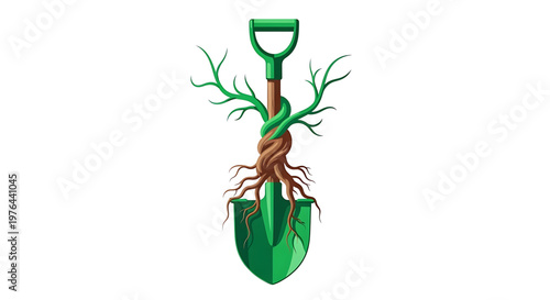 A vector graphic illustration of a green shovel with a tree growing out of it, symbolizing growth and nature