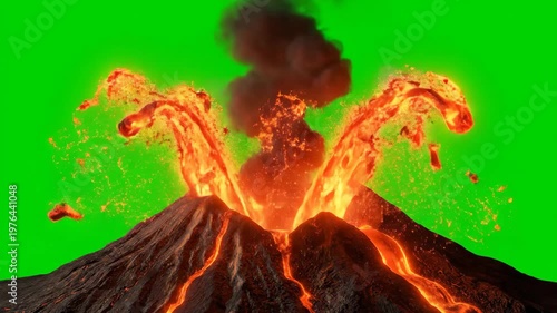 Fiery volcanic eruption spewing lava and ash into the atmosphere, captured with a green screen background for easy compositing