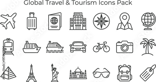 A comprehensive collection of global travel and tourism line icons, perfect for illustrating vacation and adventure concepts.