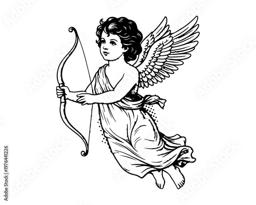 Cherubic Cupid: An endearing illustration of Cupid, the mythological figure of love, poised with his bow and arrow, embodying the essence of affection and romance.