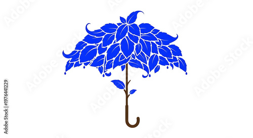 A blue leafy umbrella icon with a brown handle on a white background