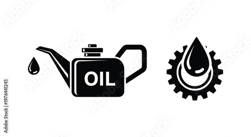 Oil can gear and droplet icons in a bold graphic silhouette