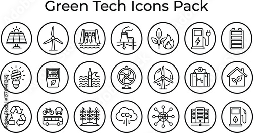 An essential icon pack featuring line art designs for green technology, renewable energy, environmental protection, and sustainability.