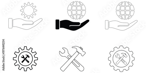 Collection of Professional Hand Tools Including Wrench Hammer Paint Roller Brush and Screwdriver Icons for Construction Repair Maintenance and Home Improvement