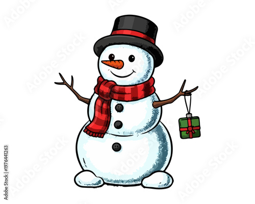Snowman's Festive Cheer: A charming snowman, adorned with a top hat and a vibrant scarf, offers a wrapped gift, embodying the joy and anticipation of the winter season.