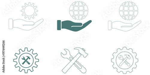 Collection of Professional Hand Tools Including Wrench Hammer Paint Roller Brush and Screwdriver Icons for Construction Repair Maintenance and Home Improvement