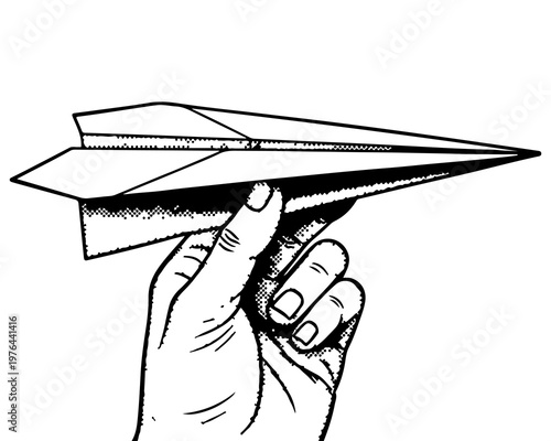Paper Airplane in Hand: A detailed sketch captures the moment of launching a folded paper airplane, held delicately by a hand, ready for flight and a journey of imagination.