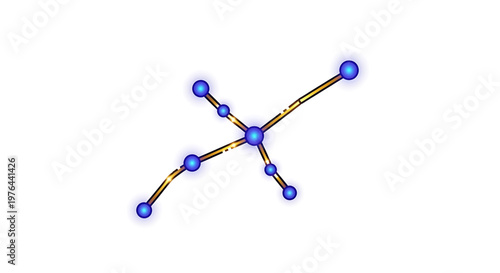 A vector graphic illustration of a molecular structure with blue and gold bonds