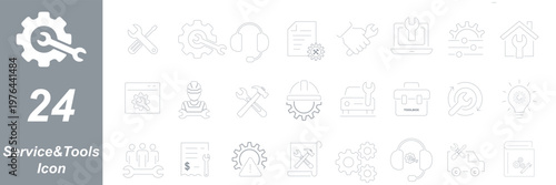 Collection of three stylized maintenance icons, symbolizing repair, tools, system settings, engineering, and mechanical service in black silhouette design