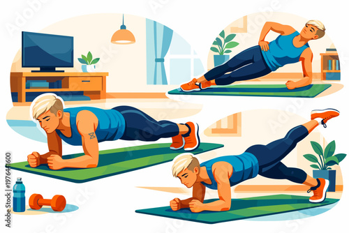 Person performing various plank exercises at home with dumbbells and water bottle