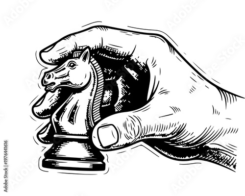 Chess Knight Strategist: A detailed illustration captures the focused grip of a hand holding a chess knight piece, symbolizing strategy, decision-making, and intellect in the game. 