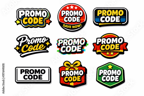 Collection of colorful promo code badges and stickers for discounts and offers