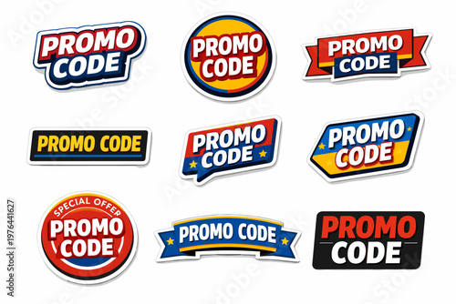 Collection of colorful promo code stickers and badges for discounts and offers Free Download Collection of colorful promo code stickers and badges for discounts and offers - GFXLoad