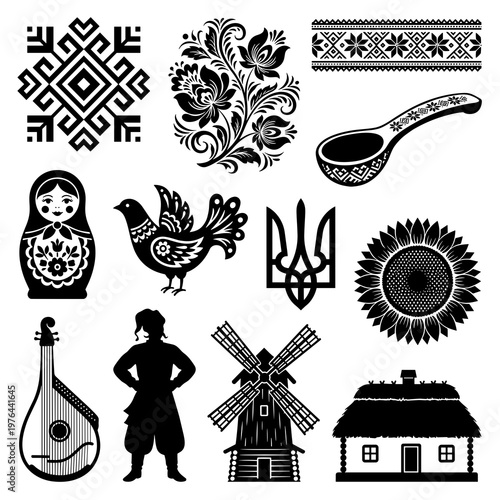 Slavic folk art collection: petrykivka flower, matryoshka doll, bandura instrument, and ukrainian symbols