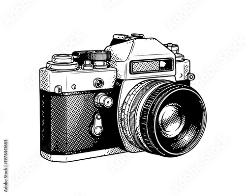Classic Camera Illustration: A vintage film camera, captured in exquisite detail. Its intricate design and classic features showcase the timeless appeal of photography.