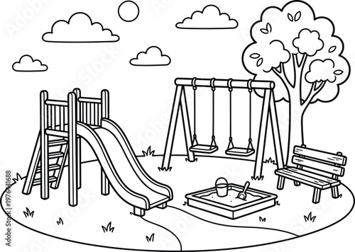 Kids coloring worksheet black and white of a playground with swings and slide vector