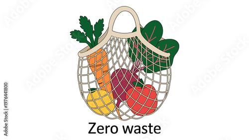 Reusable mesh bag with fresh vegetables for zero waste shopping and healthy eating habits